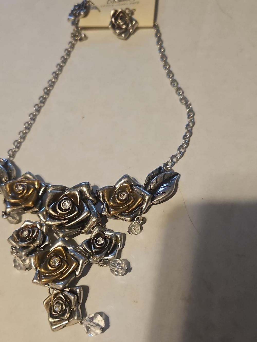 Da Vinci Silver and Gold Rose Statement Necklace - Women's Floral Jewelry